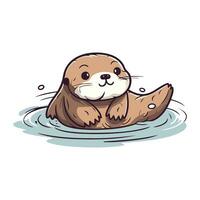 Cute otter swimming in the water. Cartoon vector illustration.