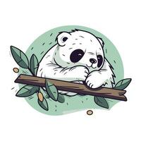 Cute cartoon panda on a branch with leaves. Vector illustration.