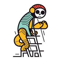 Vector illustration of a little boy climbing a ladder. Cartoon style.
