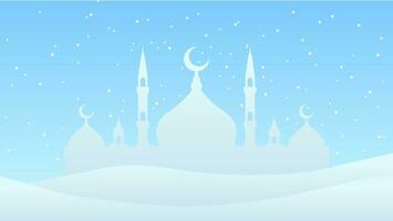 Winter mosque silhouette landscape vector illustration. Landscape ramadan design graphic in muslim culture and islam religion. Background of mosque in cold season for Islamic wallpaper