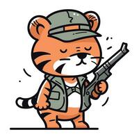 Cartoon tiger in military uniform with a gun. Vector illustration.