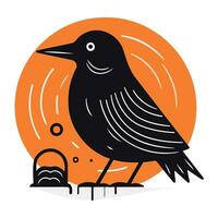 Crow vector illustration. Black bird on orange background. Flat style design.