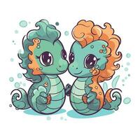 Cute cartoon pair of mermaids. Vector illustration isolated on white background.