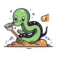 Cartoon snake digging a hole in the ground. Vector illustration.