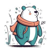 Cute cartoon polar bear in scarf and hat. Vector illustration.