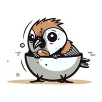 Sparrow sits in a bowl of eggs. Vector illustration.