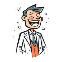 Cartoon illustration of a smiling man in a white coat. Vector illustration.