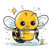 Cute cartoon bee holding a bucket of honey. Vector illustration.