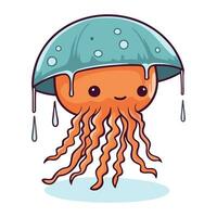 Cute cartoon jellyfish with umbrella. Vector illustration isolated on white background.