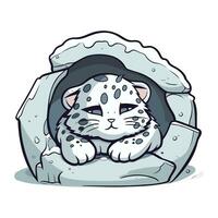 Cute cartoon snow leopard in a hole. Vector illustration.