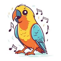 Cute parrot with music notes. Hand drawn vector illustration.