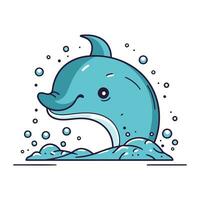 Cartoon dolphin swimming in the sea. Vector illustration in flat style.