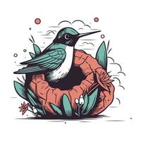 Hand drawn vector illustration of a little bird sitting in a nest.
