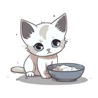 Illustration of a cute little kitten eating from a bowl of rice vector