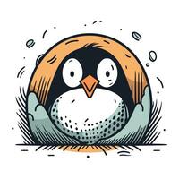 Cute penguin in the nest. Hand drawn vector illustration.