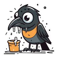 linda dibujos animados cuervo con un Cubeta de agua. vector ilustración.