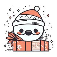 Cute cartoon snowman with christmas present. Vector illustration.