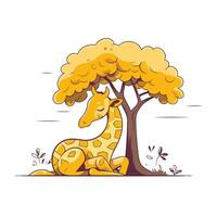 dibujos animados jirafa sentado debajo un árbol. vector ilustración en plano estilo.