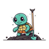 Cute little turtle character with shovel. Vector flat cartoon illustration.