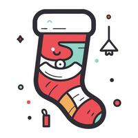 Christmas sock with funny face. Vector illustration in flat line style.