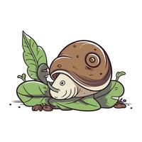 Cute cartoon snail with green leaves. Vector illustration isolated on white background.