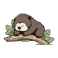 Cute cartoon hedgehog sitting on a branch. Vector illustration.