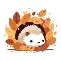 Cute hedgehog in autumn leaves. Vector illustration in cartoon style.