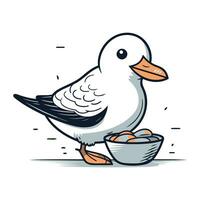 Vector illustration of a cute seagull with a bowl of eggs
