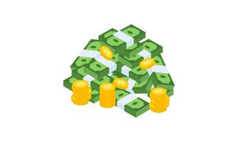 Big pile of cash money and some gold coins. Heap of packed dollar bills. This logo can be easily app vector