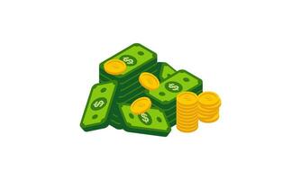 Big pile of cash money and some gold coins. Heap of packed dollar bills. This logo can be easily app vector