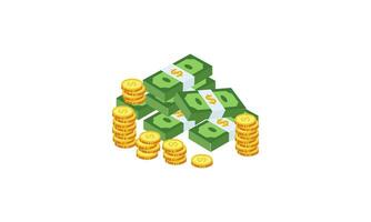 Big pile of cash money and some gold coins. Heap of packed dollar bills. This logo can be easily app vector