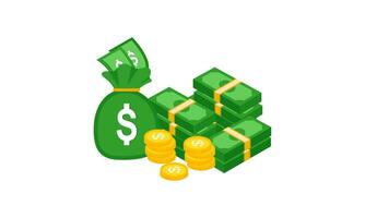 Big pile of cash money and some gold coins. Heap of packed dollar bills. This logo can be easily app vector