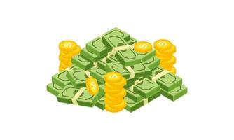 Big pile of cash money and some gold coins. Heap of packed dollar bills. This logo can be easily app vector