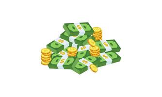 Big pile of cash money and some gold coins. Heap of packed dollar bills. This logo can be easily app vector