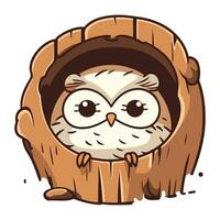 Cute cartoon owl in a wooden birdhouse. Vector illustration.