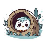 Cute owl in birdhouse. Vector illustration in cartoon style.
