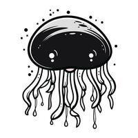 Black and white vector illustration of cute cartoon jellyfish isolated on white background