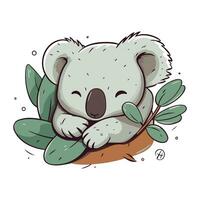 Cute koala with eucalyptus leaves. Vector illustration.