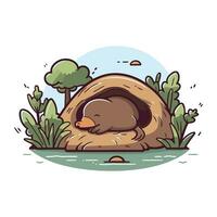 Illustration of a little mole sleeping in a nest. Vector illustration.