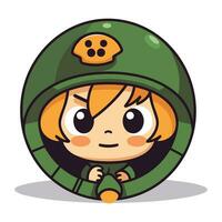 Cute astronaut girl in green helmet. Cute cartoon vector illustration.