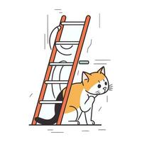 Cute cat climbing a ladder. Vector illustration in flat style.