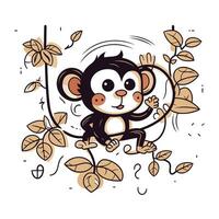 Cute cartoon monkey sitting on a branch with leaves. Vector illustration.