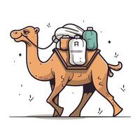 Camel with a bag on his back. Vector illustration. Cartoon style.