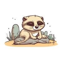 Cute cartoon raccoon sitting on the rock. Vector illustration.