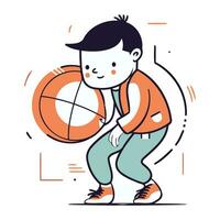 Cute little boy playing basketball. Vector illustration in line style.