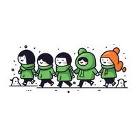 Cute kids running in winter clothes. Vector illustration in cartoon style.