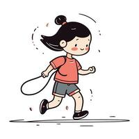 Cute little girl running with a skipping rope. Vector illustration.