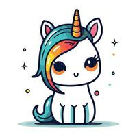 linda dibujos animados unicornio con arco iris cabello. vector ilustración aislado en blanco antecedentes.