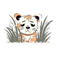 Cute cartoon tiger in the grass. Vector illustration on white background.