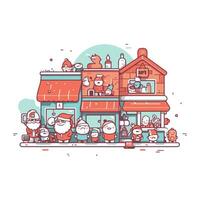 Santa Claus and his family in front of the house. Vector illustration.